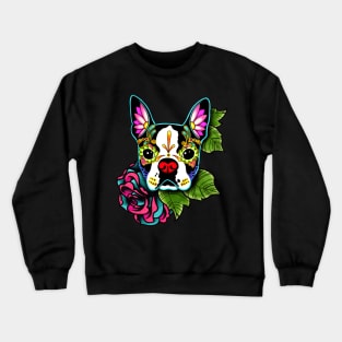 Boston Terrier in Black - Day of the Dead Sugar Skull Dog Crewneck Sweatshirt